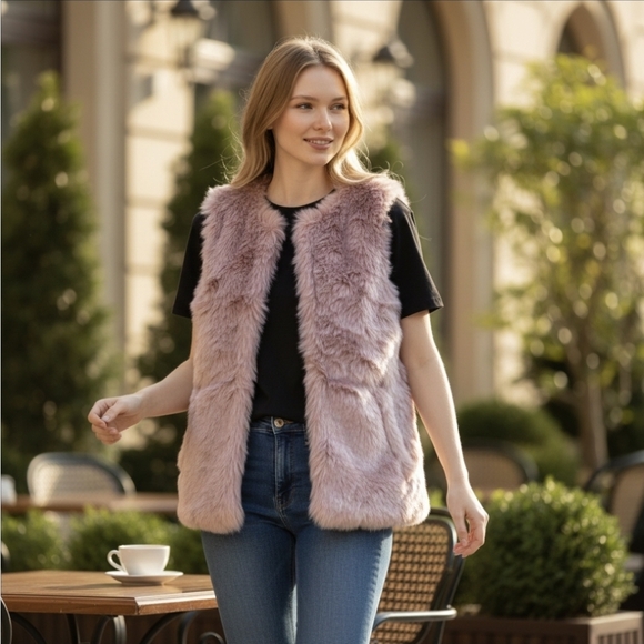 LUXURY LIFT: CUSP by Neiman Marcus Faux Fur Vest ✨size SMALL. Dusty Rose/blush. - Picture 1 of 16